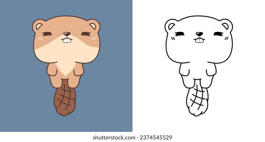 Kawaii Clipart Beaver Illustration and For Coloring Page. Funny Kawaii Forest Animal. Cute Vector Illustration of a Kawaii Animal for Stickers, Baby Shower, Coloring Pages. 
