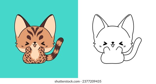 Kawaii Clipart Bengal Kitty Illustration and For Coloring Page. Funny Kawaii Baby Kitty. Happy Vector Illustration of a Kawaii Animal for Stickers, Baby Shower, Coloring Pages. 