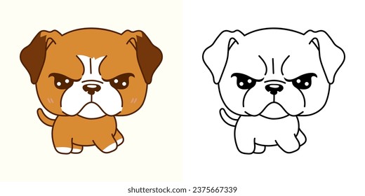 Kawaii Clipart Boxer Dog Illustration and For Coloring Page. Funny Kawaii Dog. Cute Vector Illustration of a Kawaii Pet for Stickers, Baby Shower, Coloring Pages. 