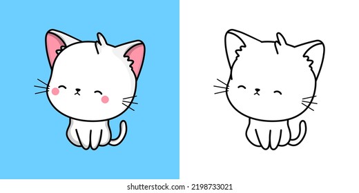 Kawaii Clipart Cat Illustration and For Coloring Page. Funny Kawaii Turkish Angora Cat. Vector Illustration of a Kawaii Animal for Stickers, Baby Shower, Coloring Pages, Prints for Clothes.
