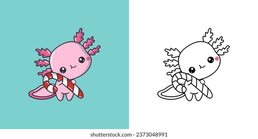 Kawaii Clipart Christmas Axolotl Illustration and For Coloring Page. Funny Kawaii Xmas Amphibian. Funny Vector Illustration of a Kawaii Marine Animal for Christmas Stickers. 