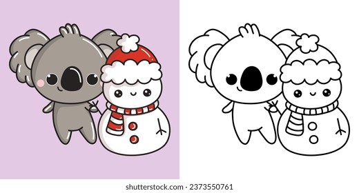 Kawaii Clipart Christmas Koala Bear Illustration and For Coloring Page. Funny Kawaii Xmas Animal. Funny Vector Illustration of a Kawaii Koala for Christmas Stickers. 