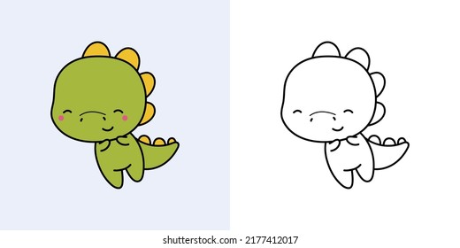 Kawaii Clipart Dinosaur Illustration and For Coloring Page. Funny Kawaii Dino. Vector Illustration of a Kawaii Animal for Stickers, Baby Shower, Coloring Pages, Prints for Clothes. 