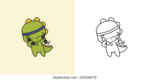 Kawaii Clipart Dinosaur Sportsman Illustration and For Coloring Page. Funny Kawaii Dino Athlete. Vector Illustration of a Kawaii Animal for Stickers, Baby Shower, Coloring Pages, Prints for Clothes.
