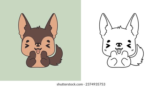 Kawaii Clipart German Shepherd Dog Illustration and For Coloring Page. Funny Kawaii Puppy. Cute Vector Illustration of a Kawaii Animal for Stickers, Baby Shower, Coloring Pages. 