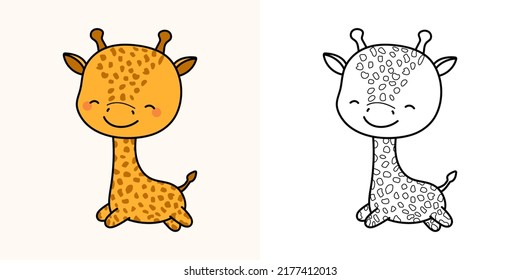 Kawaii Clipart Girafe Illustration and For Coloring Page. Funny Kawaii Giraffe. Vector Illustration of a Kawaii Animal for Stickers, Baby Shower, Coloring Pages, Prints for Clothes.  svg