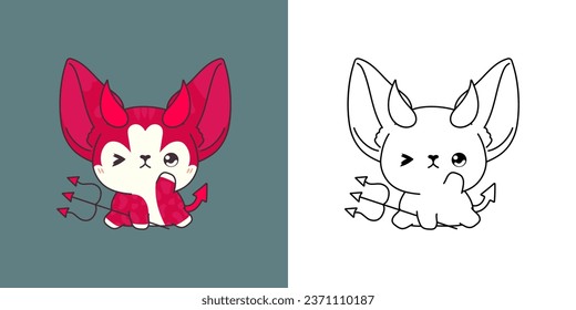 Kawaii Clipart Halloween Abyssinian Cat Illustration and For Coloring Page. Funny Kawaii Halloween Pet. Cute Vector Illustration of a Kawaii Halloween Animal in Devil Costume. 