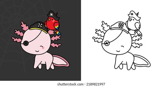 Kawaii Clipart Halloween Axolotl Illustration and For Coloring Page. Funny Kawaii Halloween Animal. Cute Vector Illustration of a Kawaii Halloween Animals in a Pirate Costume.
