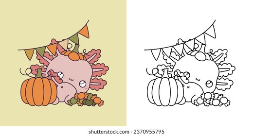 Kawaii Clipart Halloween Axolotl Illustration and For Coloring Page. Funny Kawaii Halloween Salamander. Cute Vector Illustration of a Kawaii Reptile Animal for Halloween Stickers. 