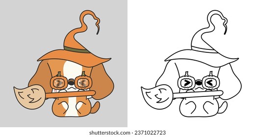 Kawaii Clipart Halloween Beagle Dog Illustration and For Coloring Page. Funny Kawaii Halloween Puppy. Cute Vector Illustration of Halloween Kawaii Animal in Witch Costume. 