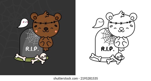 Kawaii Clipart Halloween Brown Bear Illustration and For Coloring Page. Funny Kawaii Halloween Bear. Cute Vector Illustration of a Kawaii Animals for Halloween Stickers.
