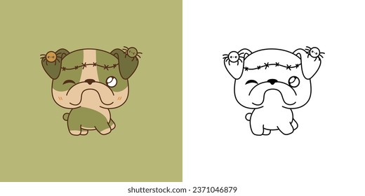 Kawaii Clipart Halloween Bulldog Dog Illustration and For Coloring Page. Funny Kawaii Halloween Puppy. Cute Vector Illustration of a Kawaii Halloween Animal in a Zombie Costume. 