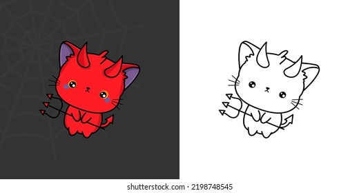 Kawaii Clipart Halloween Cat Illustration and For Coloring Page. Funny Kawaii Halloween Purple Cat. Cute Vector Illustration of a Kawaii Halloween Animal in Devil Costume.
