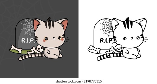Kawaii Clipart Halloween Cat Illustration and Coloring Page. Funny Halloween American Shorthair Cat. Cute Vector Illustration of a Kawaii Halloween Animal.

