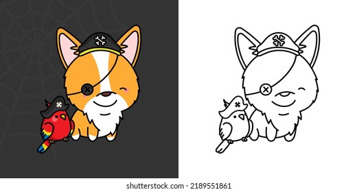 Kawaii Clipart Halloween Corgi Dog Illustration and For Coloring Page. Funny Kawaii Halloween Puppy. Cute Vector Illustration of a Kawaii Halloween Animal Character in a Pirate Costume.
