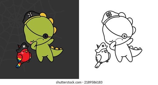 Kawaii Clipart Halloween Dinosaur Illustration And For Coloring Page. Funny Kawaii Halloween T Rex. Cute Vector Illustration Of A Kawaii Halloween Dino In A Pirate Costume.
