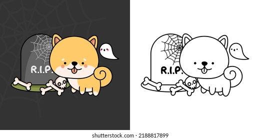 Kawaii Clipart Halloween Dog Illustration and For Coloring Page. Funny Kawaii Halloween Shiba Inu. Vector Illustration of a Kawaii Halloween Dog.
