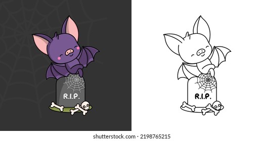 Kawaii Clipart Halloween Flittermouse Illustration and For Coloring Page. Funny Kawaii Halloween Bat. Cute Vector Illustration of a Kawaii Halloween Animal.
