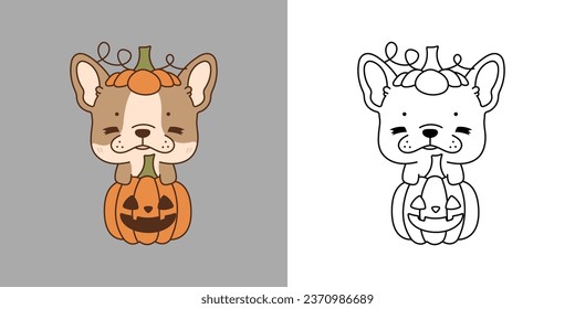 Kawaii Clipart Halloween French Bulldog Dog Illustration and For Coloring Page. Funny Kawaii Halloween Puppy. Cute Vector Illustration of a Kawaii Halloween Animal Inside a Pumpkin. 