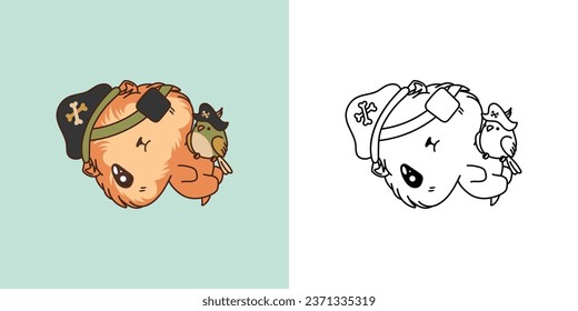 Kawaii Clipart Halloween Guinea Pig Illustration and For Coloring Page. Funny Kawaii Halloween Rodent. Cute Vector Illustration of a Kawaii Halloween Animal in a Pirate Costume. 