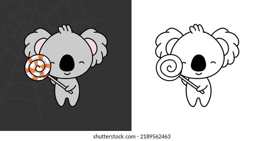 Kawaii Clipart Halloween Koala Illustration and For Coloring Page. Funny Kawaii Halloween Koala Bear. Cute Vector Illustration of a Kawaii Halloween Animal with Sweets.
