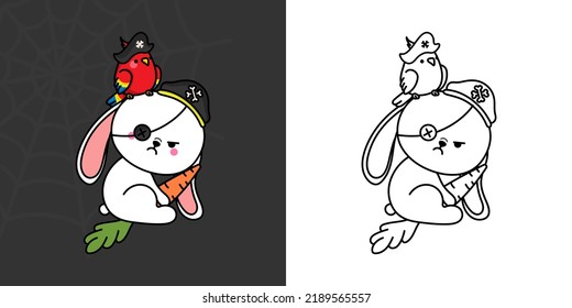 Kawaii Clipart Halloween Rabbit Illustration and For Coloring Page. Funny Kawaii Halloween Bunny. Cute Vector Illustration of a Kawaii Halloween Hare in a Pirate Costume.
