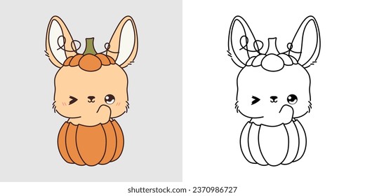 Kawaii Clipart Halloween Rabbit Illustration y For Coloring Page. Graciosa liebre de Halloween en Kawaii. Ilustración vectorial de un animal de la selva Kawaii Halloween dentro de una calabaza. 