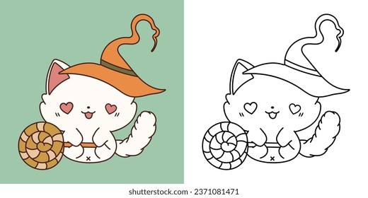 Kawaii Clipart Halloween Ragdoll Cat Illustration and For Coloring Page. Funny Kawaii Halloween Pet. Cute Vector Illustration of Halloween Kawaii Pet in Witch Costume. 