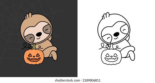 Kawaii Clipart Halloween Sloth Illustration and For Coloring Page. Funny Kawaii Halloween Animal. Cute Vector Illustration of a Kawaii Halloween Animals and Pumpkin.
