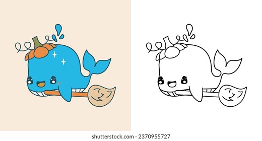 Kawaii Clipart Halloween Whale Illustration and For Coloring Page. Funny Kawaii Halloween Marine Animal. Cute Vector Illustration of Halloween Kawaii Animal in Witch Costume. 