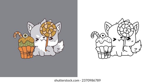 Kawaii Clipart Halloween Wolf Illustration and For Coloring Page. Funny Kawaii Halloween Forest Animal. Cute Vector Illustration of a Kawaii Animal for Halloween Stickers. 