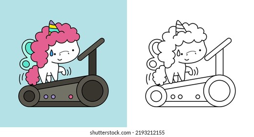 Kawaii Clipart Horse Athlete Illustration and For Coloring Page. Funny Kawaii Unicorn Sportsman. Vector Illustration of a Kawaii Animal for Stickers, Baby Shower, Coloring Pages, Prints for Clothes.
