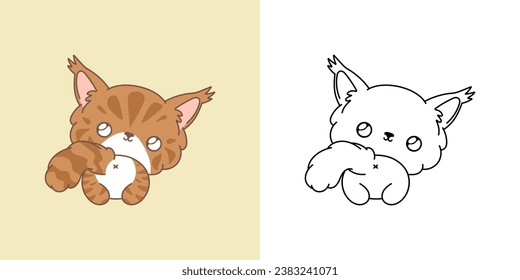 Kawaii Clipart Maine Coon Cat Illustration and For Coloring Page. Funny Kawaii Kitty. Cute Vector Illustration of a Kawaii Animal for Stickers, Baby Shower, Coloring Pages. 