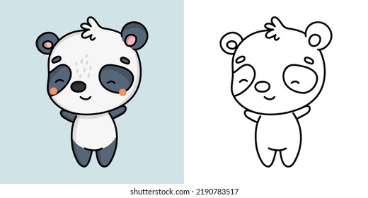 Kawaii Clipart Panda Illustration and For Coloring Page. Funny Kawaii Panda Bear. Vector Illustration of a Kawaii Animal for Stickers, Baby Shower, Coloring Pages, Prints for Clothes.
