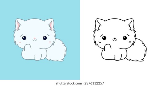 Kawaii Clipart Persian Cat Illustration and For Coloring Page. Funny Kawaii Kitten. Cartoon Vector Illustration of Kawaii Animal for Stickers, Prints for Clothes, Baby Shower. 