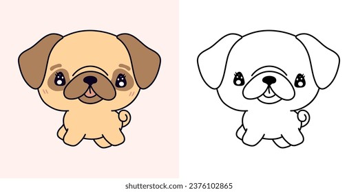 Kawaii Clipart Pug Puppy Illustration and For Coloring Page. Funny Kawaii Dog. Cute Vector Illustration of a Kawaii Pet for Stickers, Baby Shower, Coloring Pages. 