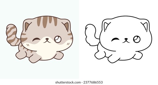 Kawaii Clipart Rabbit Illustration and For Coloring Page. Funny Kawaii Baby Cat. Happy Vector Illustration of a Kawaii Baby Pet for Stickers, Baby Shower, Coloring Pages. 