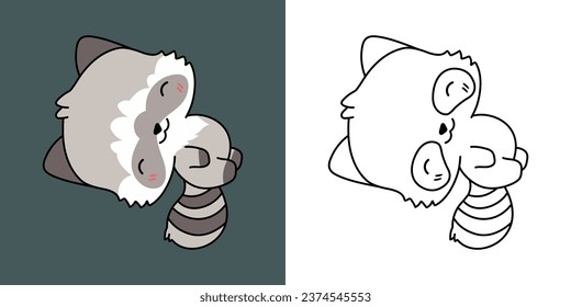 Kawaii Clipart Racoon Illustration and For Coloring Page. Funny Kawaii Raccoon. Cute Vector Illustration of a Kawaii Forest Animal for Stickers, Baby Shower, Coloring Pages. 
