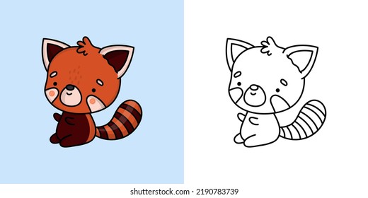 Kawaii Clipart Red Panda Illustration and For Coloring Page. Funny Kawaii Animal. Vector Illustration of a Kawaii Red Panda for Stickers, Baby Shower, Coloring Pages, Prints for Clothes.
