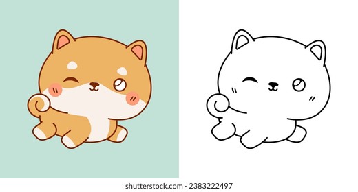 Kawaii Clipart Shiba Inu Puppy Illustration and For Coloring Page. Funny Kawaii Dog. Cute Vector Illustration of a Kawaii Baby Pet for Stickers, Baby Shower, Coloring Pages. 