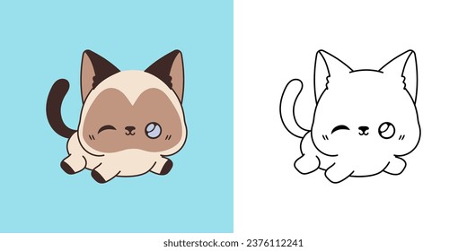 Kawaii Clipart Siamese Kitten Illustration and For Coloring Page. Funny Kawaii Kitty. Cute Vector Illustration of a Kawaii Animal for Stickers, Baby Shower, Coloring Pages. 