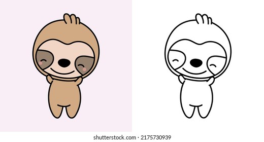 Kawaii Clipart Sloth Illustration and For Coloring Page. Funny Kawaii Sloth. Vector Illustration of a Kawaii Animal for Stickers, Baby Shower, Coloring Pages, Prints for Clothes. 