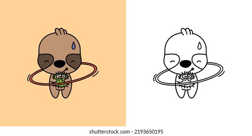 Kawaii Clipart Sloth Sportsman Illustration and For Coloring Page. Funny Kawaii Animal Sportsman. Vector Illustration of a Kawaii Animal for Stickers, Baby Shower, Coloring Pages, Prints for Clothes.
