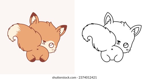 Kawaii Clipart Squirrel Illustration and For Coloring Page. Funny Kawaii Squirrel. Cartoon Vector Illustration of Kawaii Forest Animal for Stickers, Prints for Clothes, Baby Shower, Coloring Pages. 
