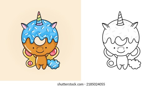 Kawaii Clipart Unicorn Donut Illustration and For Coloring Page. Funny Kawaii Unicorn. Vector Illustration of a Kawaii Animal for Stickers, Baby Shower, Coloring Pages, Prints for Clothes.
