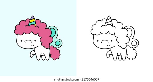 Kawaii Clipart Unicorn Illustration and For Coloring Page. Funny Kawaii Unicorn. Vector Illustration of a Kawaii Animal for Stickers, Baby Shower, Coloring Pages, Prints for Clothes.  svg