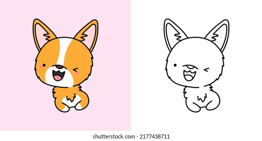 Kawaii Clipart Welsh Corgi Illustration and For Coloring Page.  Funny Kawaii Corgi. Vector Illustration of a Kawaii Puppy for Stickers, Baby Shower, Coloring Pages, Prints for Clothes.
