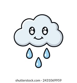 Kawaii cloud flat illustration. White little cloud with smiling face and black outline.