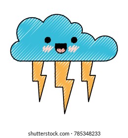 kawaii cloud with lightnings in colored crayon silhouette