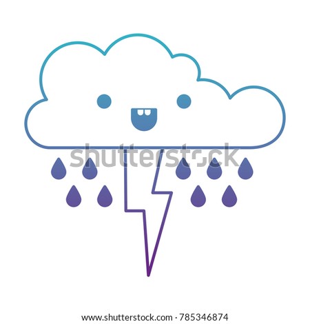 kawaii cloud with rain and thunderbolt in degraded blue to purple color contour